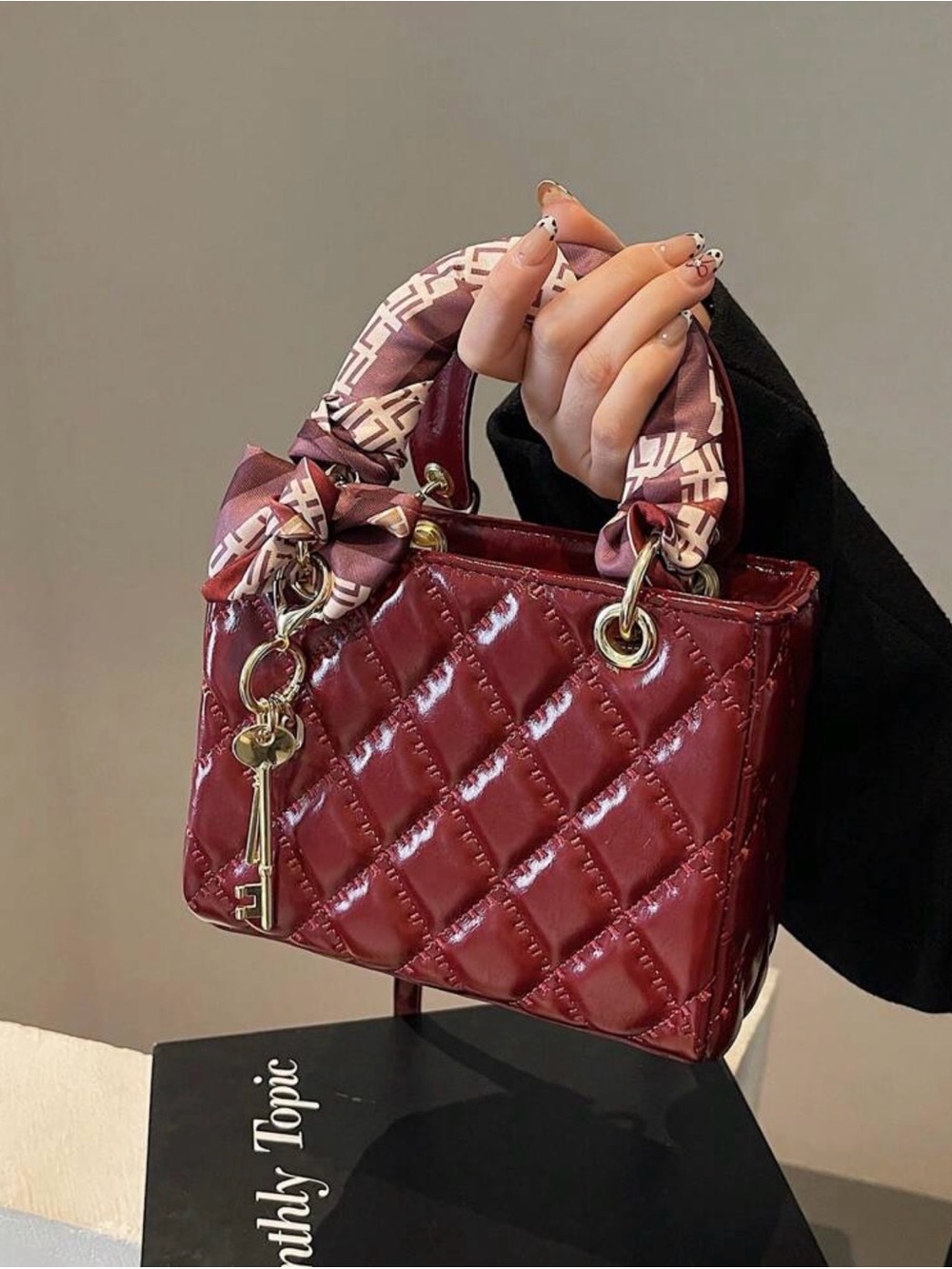 Quilted Patent Mini Satchel Handbag in Burgundy